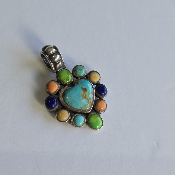 Estate Jewelry - Turquoise In Sterling Silver Heart Pendant Surrounded By Beautiful Natural Stone